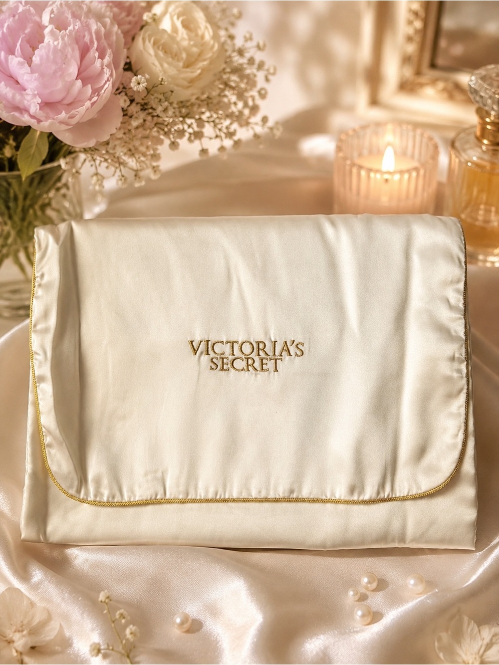 Vintage Victoria's Secret Cream Satin Travel Pouch with Gold Trim